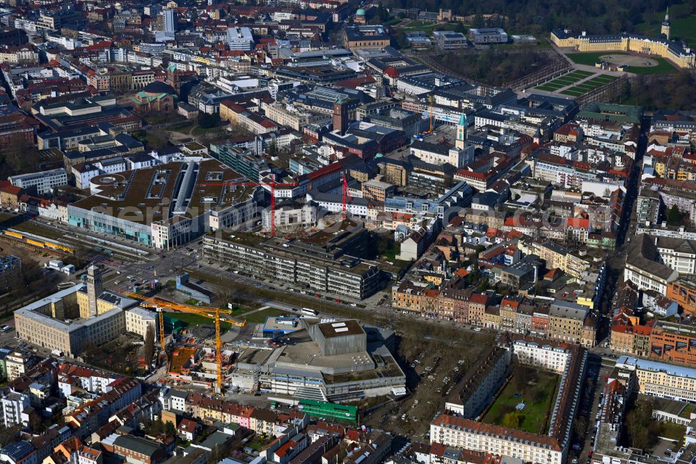 Karlsruhe from the bird's eye view: Renovation and conversion construction site of the building of the concert hall and theater playhouse Badisches Staatstheater on Baumeisterstrasse - Kriegstrasse in Karlsruhe in the state Baden-Wurttemberg, Germany