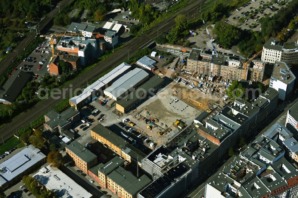 Aerial photograph Magdeburg - Construction site for the renovation and expansion and new construction of the building complex of the police station Hallische Strasse and Am Buckauer Tor at the corner of Sternstrasse in the district Altstadt in Magdeburg in the state Saxony-Anhalt, Germany