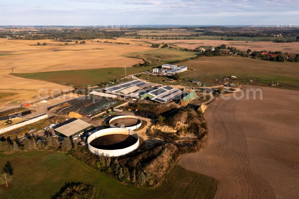 Angermünde from the bird's eye view: Elevated tanks and technical systems on the buildings on the dairy factory premises Hemme Milch in Angermuende in the state Brandenburg, Germany