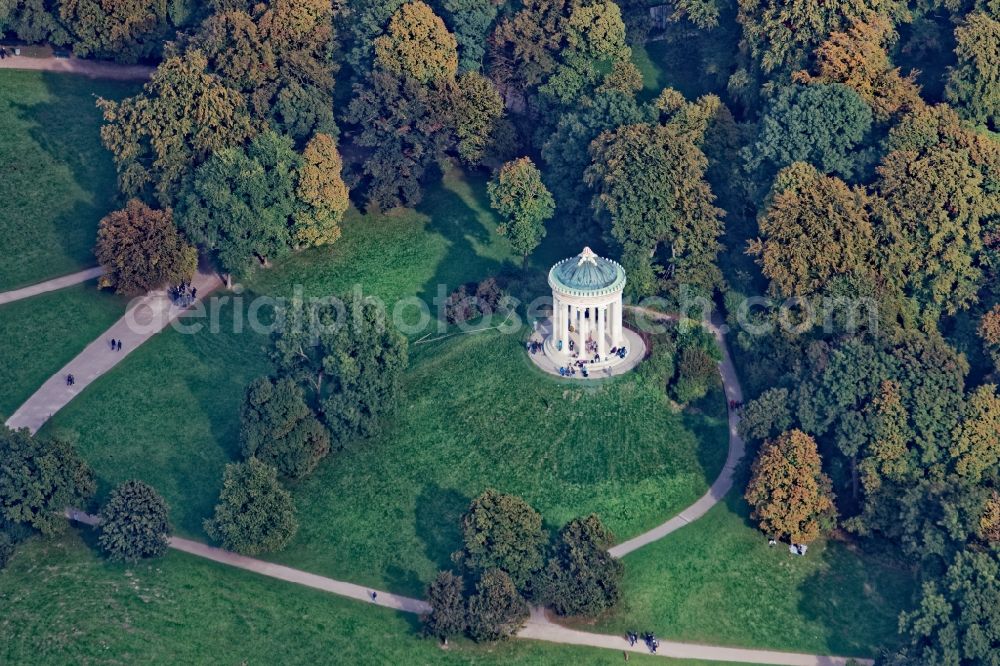 Aerial photograph München - The Monopteros round temple in the English garden in Munich in the state Bavaria after the comprehensive renovation 2016