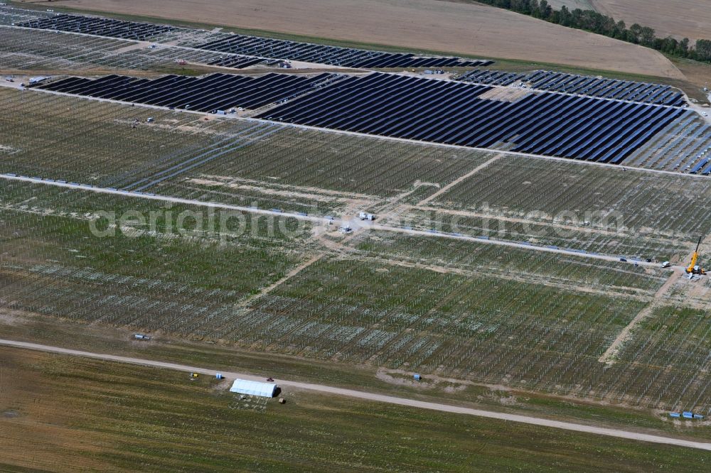 Willmersdorf from above - Construction site and assembly work for solar park and solar power plant in Willmersdorf in the state Brandenburg, Germany