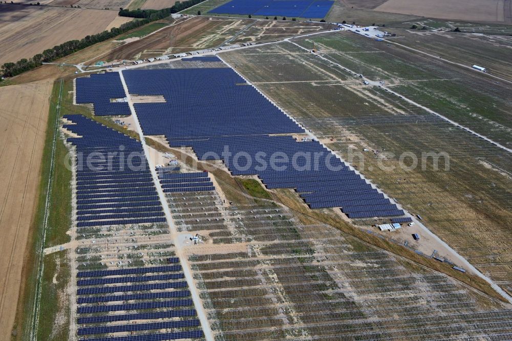 Aerial image Willmersdorf - Construction site and assembly work for solar park and solar power plant in Willmersdorf in the state Brandenburg, Germany