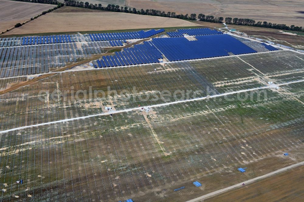 Willmersdorf from above - Construction site and assembly work for solar park and solar power plant in Willmersdorf in the state Brandenburg, Germany