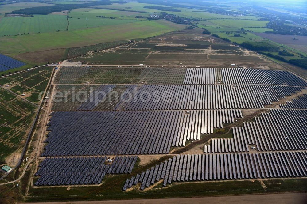 Aerial image Willmersdorf - Construction site and assembly work for solar park and solar power plant Solarpark Weesow-Willmersdorf in Willmersdorf in the state Brandenburg, Germany