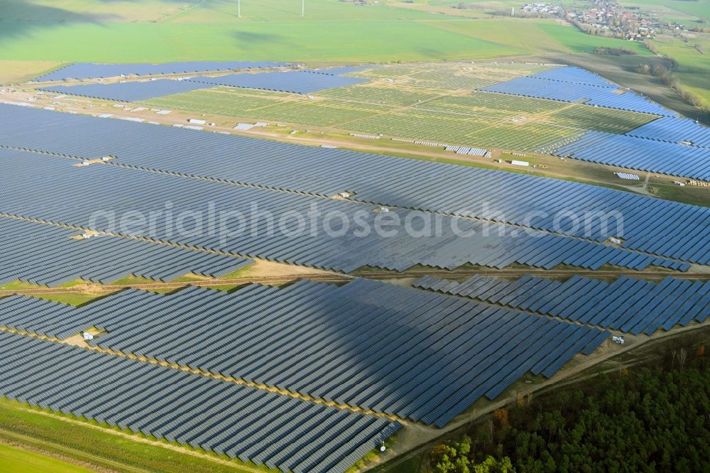 Aerial image Willmersdorf - Construction site and assembly work for solar park and solar power plant Solarpark Weesow-Willmersdorf in Willmersdorf in the state Brandenburg, Germany