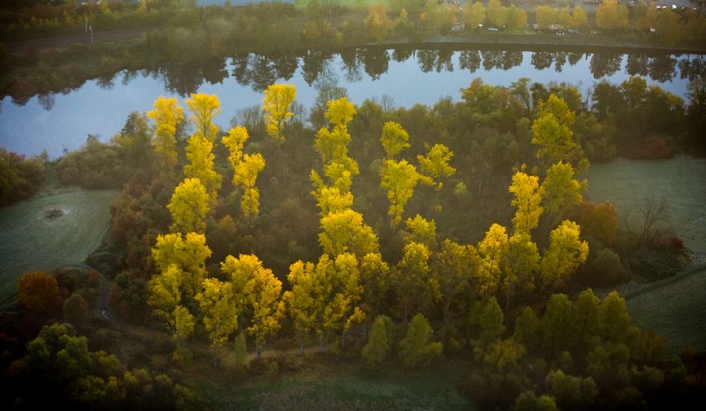 Aerial photograph Essen - Morning and autumn atmosphere over the nature protection area Ruhrauen on the riverbank of the Ruhr in Heisingen in the state of North Rhine-Westphalia