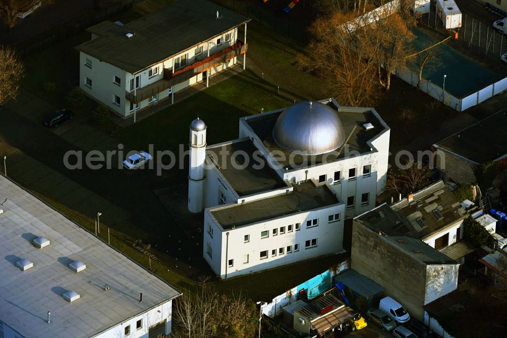 Berlin from above - Building of the mosque Khadija Moschee Berlin on Tiniusstrasse in the district Heinersdorf in Berlin, Germany