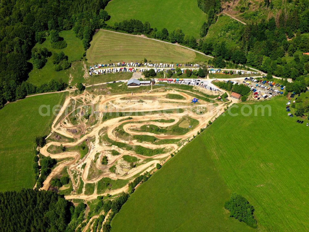 Röhrnbach from above - Racetrack of the motocross racetrack of the MCC Rohrnbach-Reisersberg e.V. in the DMV during a race in Rohrnbach in the state Bavaria, Germany