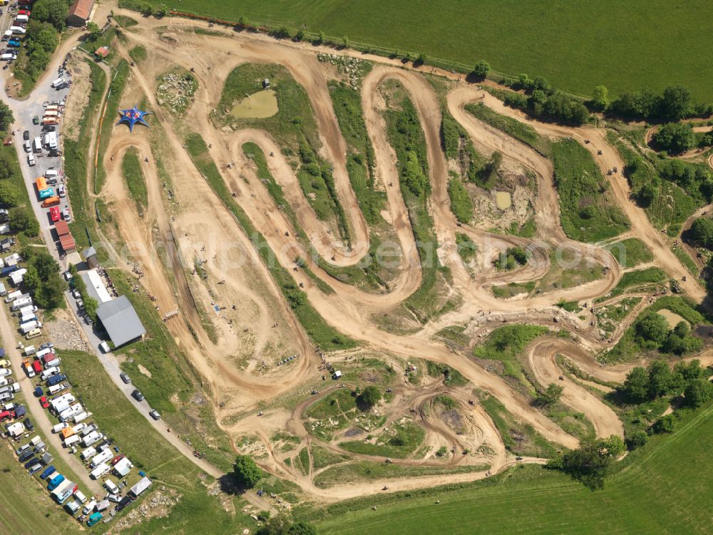 Aerial image Röhrnbach - Racetrack of the motocross racetrack of the MCC Rohrnbach-Reisersberg e.V. in the DMV during a race in Rohrnbach in the state Bavaria, Germany