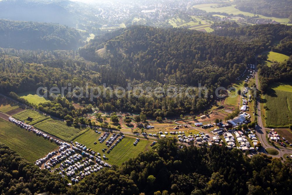 Aerial photograph Rudersberg - Motocross race track at the 61th Rudersberger Seitenwagen Motocross 2023 FIM SIDECARCROSS WORLD CHAMPIONSHIP of MSC Wieslauftal e.V. Motocross in Rudersberg in the state Baden-Wuerttemberg, Germany