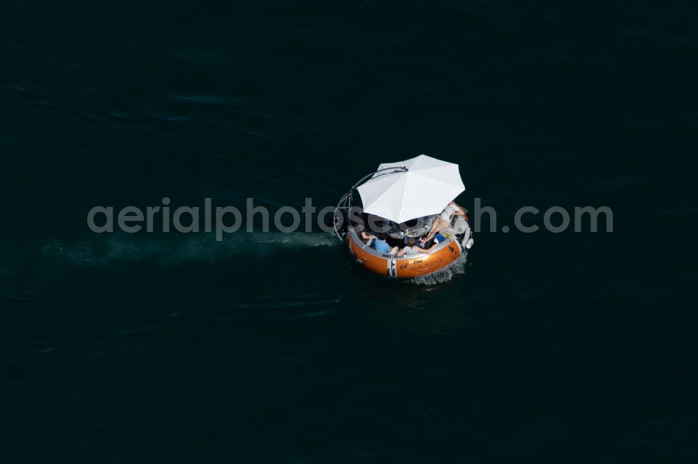 Aerial image Bodman-Ludwigshafen - Motorboat - Badeinsel with a parasol in motion in Bodman-Ludwigshafen at Bodensee in the state Baden-Wuerttemberg, Germany