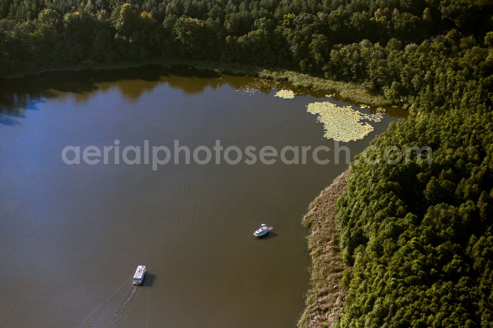 Mirow from above - Motorboat in motion on Zotzensee in Mirow in the state Mecklenburg - Western Pomerania, Germany