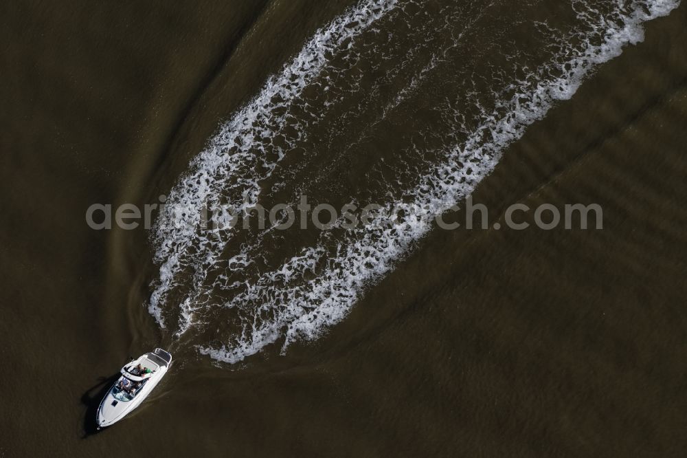 Bremerhaven from above - Motorboat - speedboat in motion auf of Weser in the district Mitte-Sued in Bremerhaven in the state Bremen, Germany
