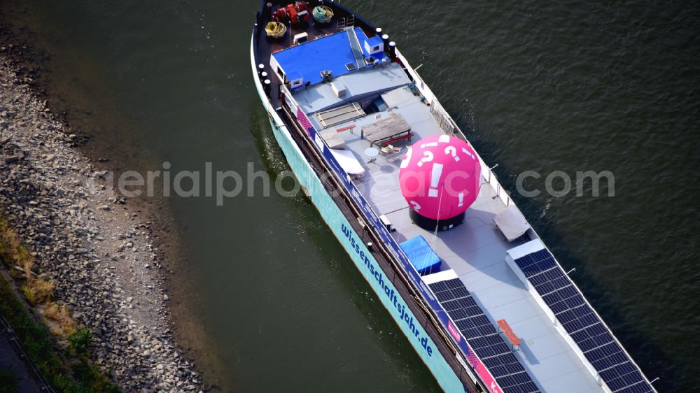 Bonn from the bird's eye view: Motor ship science in Bonn in the state North Rhine-Westphalia, Germany. The MS Wissenschaft is realized by Wissenschaft im Dialog gGmbH (WiD) on behalf of the Federal Ministry of Education and Research