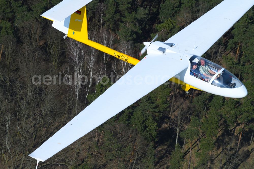 Aerial photograph Hirschfelde - Glider and sport aircraft - Motorglider Ogar with the registration D-KOGE flying over the airspace in Hirschfelde in the state Brandenburg, Germany