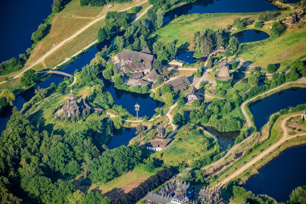 Aerial image Gifhorn - Open spaces and pond landscape with the museum and exhibition building ensemble of the International Mill Museum on Bromer Strasse in Gifhorn in the state of Lower Saxony, Germany