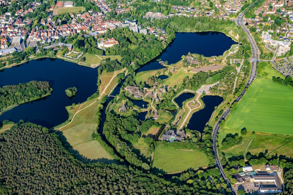 Gifhorn from above - Open spaces and pond landscape with the museum and exhibition building ensemble of the International Mill Museum on Bromer Strasse in Gifhorn in the state of Lower Saxony, Germany