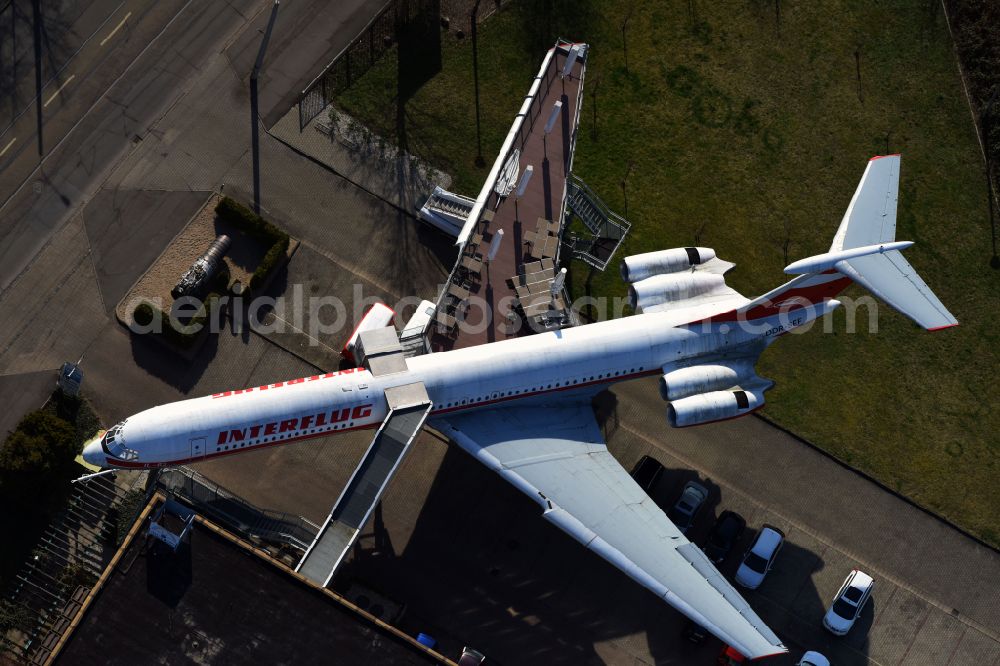 Aerial photograph Leipzig - Discarded Ilyushin IL-62 passenger aircraft of the former GDR - airline INTERFLUG as an aircraft with the registration DDR-SEF - used as a museum building ensemble and restaurant on Arno-Nitzsche-Strasse in the southern part of the city Leipzig in the state of Saxony, Germany