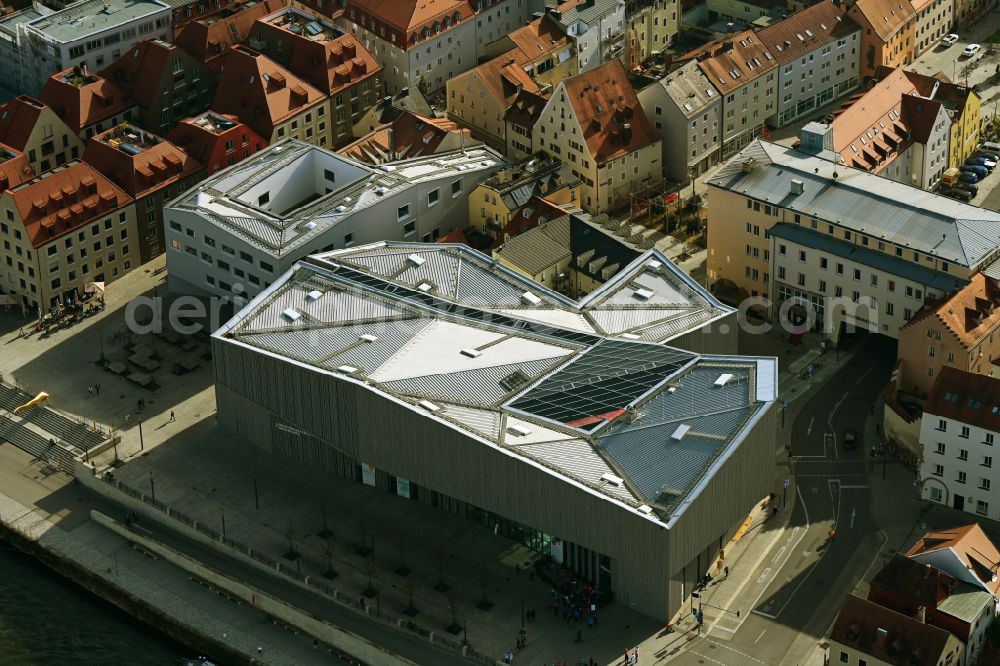 Regensburg from above - Museum building ensemble Haus of Bayerischen Geschichte on Donaumarkt in Regensburg in the state Bavaria, Germany