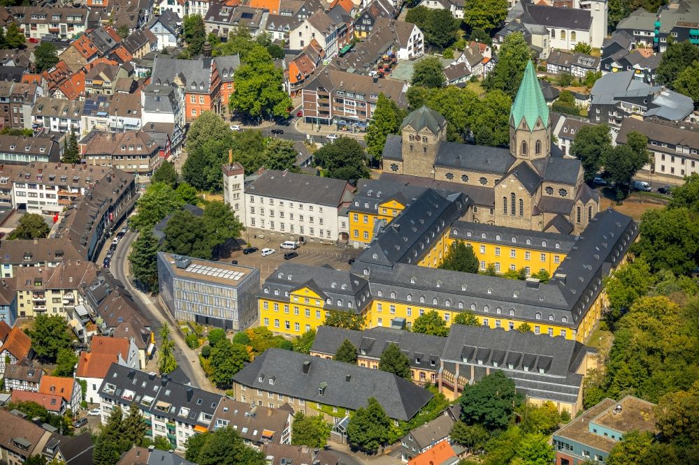 Werden from above - Museum building ensemble Basilika Sankt Ludgerus in Werden in the state North Rhine-Westphalia, Germany