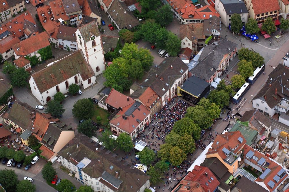 Schopfheim from above - Music concert with Amy Macdonald on the outdoor stage on the market place in Schopfheim in the state Baden-Wurttemberg, Germany