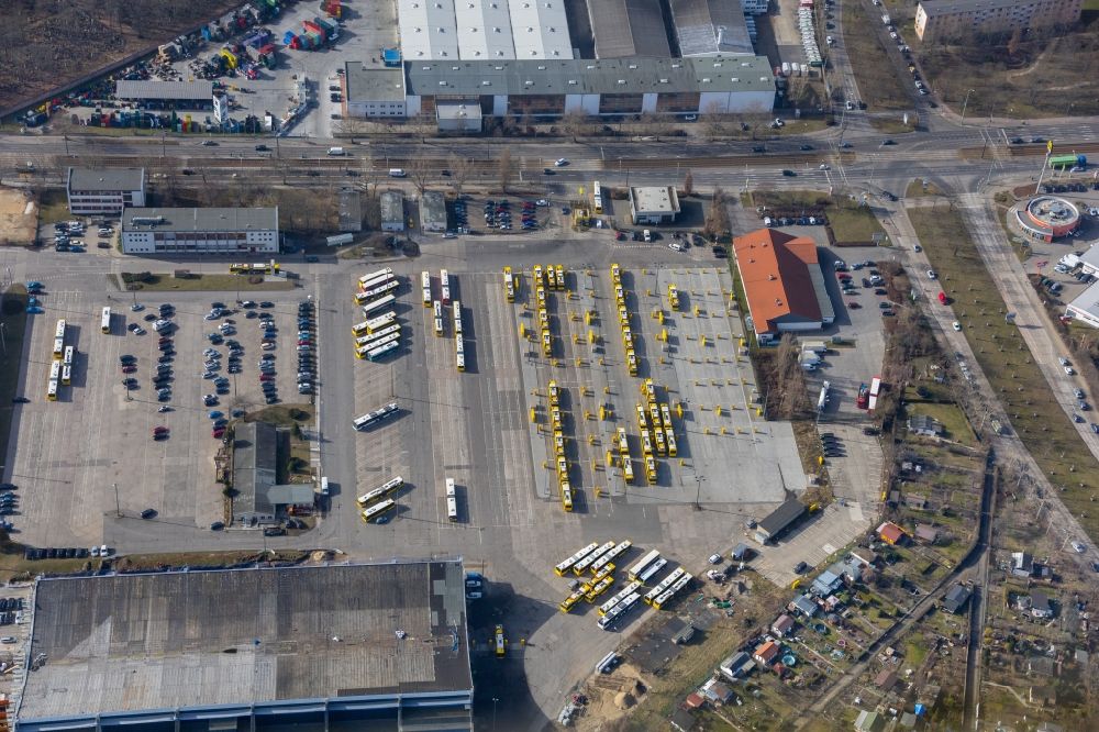 Berlin from the bird's eye view: Depot of the Municipal Transport Company on Indira-Gandhi-Strasse in the district Hohenschoenhausen in Berlin, Germany