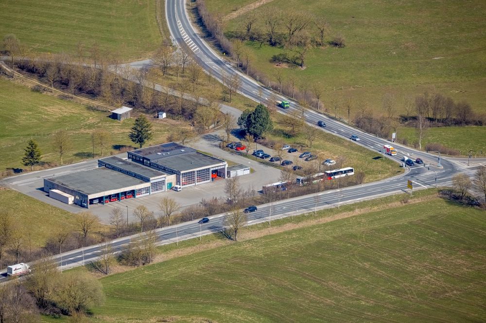 Aerial photograph Brilon - Depot of the Municipal Transport Company of Regionalverkehr Ruhr-Lippe GmbH at the crossroad of the B7 and the Altenbuerener Strasse in Brilon at Sauerland in the state North Rhine-Westphalia, Germany