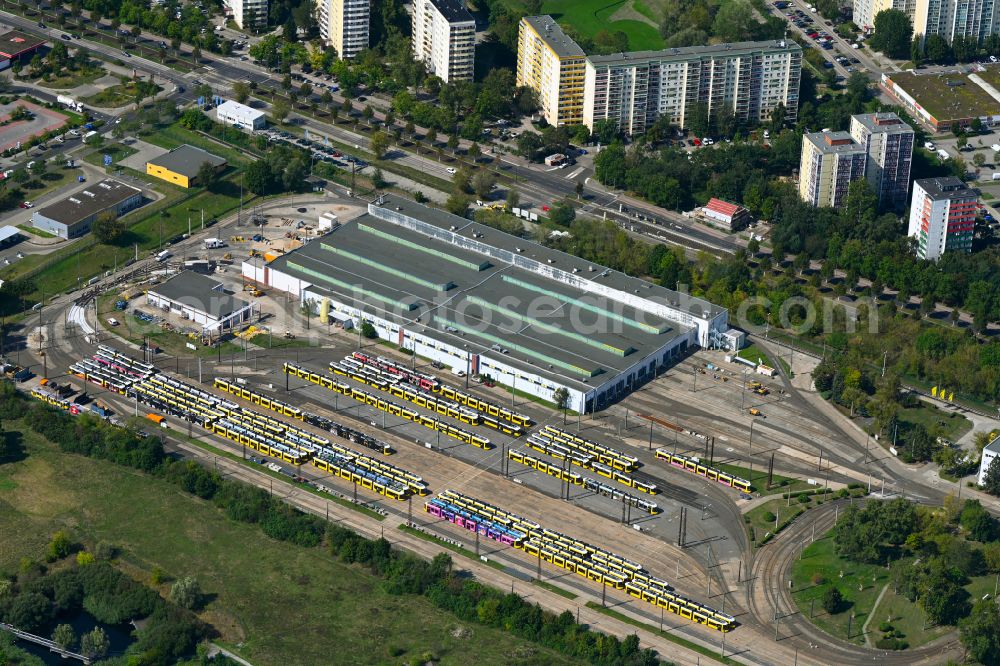 Aerial image Berlin - Tram depot of the Municipal Transport Company BVG Betriebshon street Landsberger Allee of Marzahn on street Landsberger Allee in the district Marzahn in Berlin, Germany