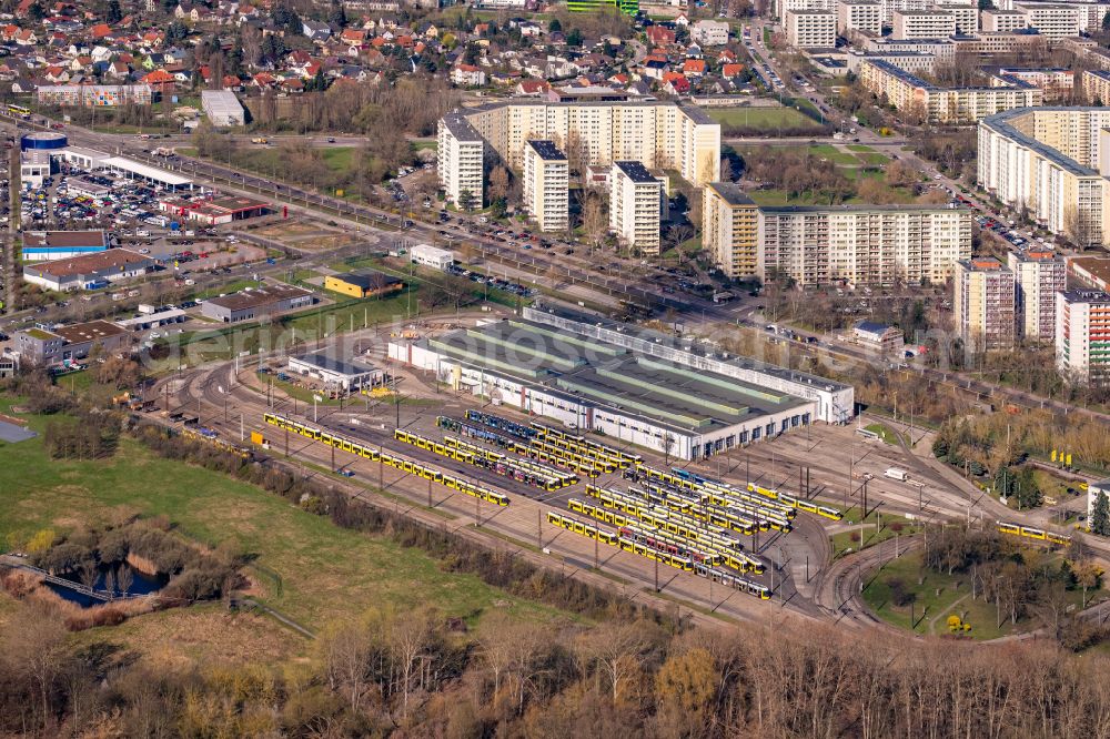Aerial photograph Berlin - Tram depot of the Municipal Transport Company BVG Betriebshon street Landsberger Allee of Marzahn on street Landsberger Allee in the district Marzahn in Berlin, Germany
