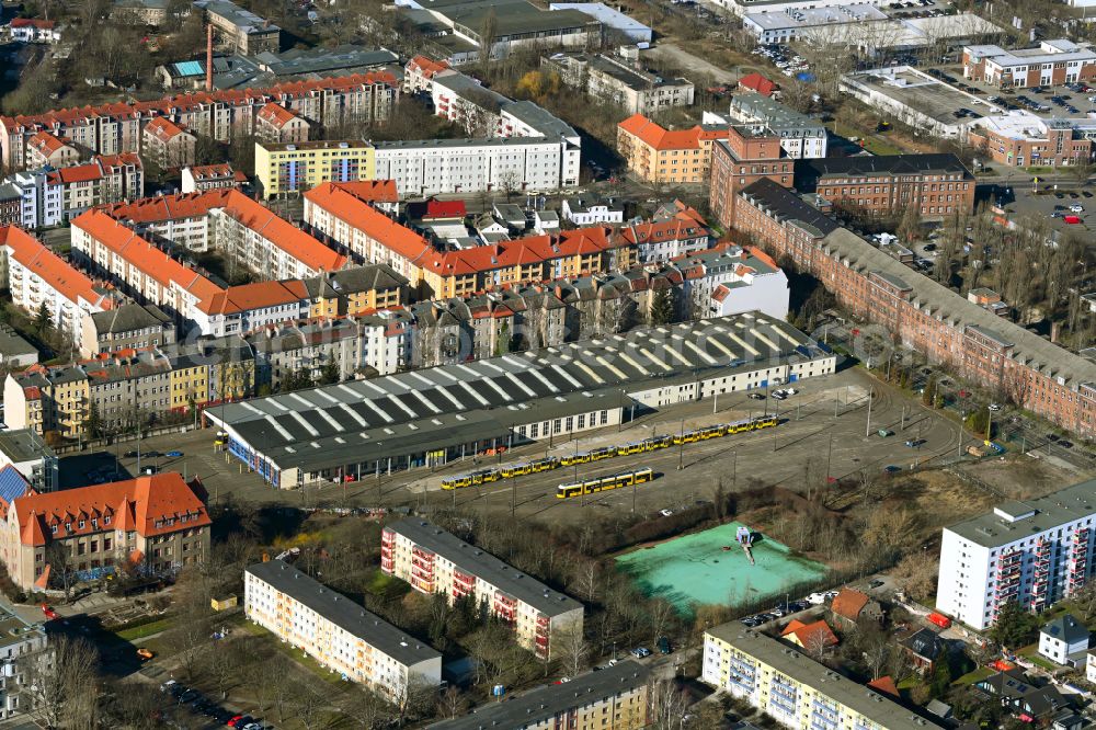 Aerial image Berlin - Tram depot of the Municipal Transport Company BVG Betriebshof Weissensee on street Bernkasteler Strasse in the district Weissensee in Berlin, Germany