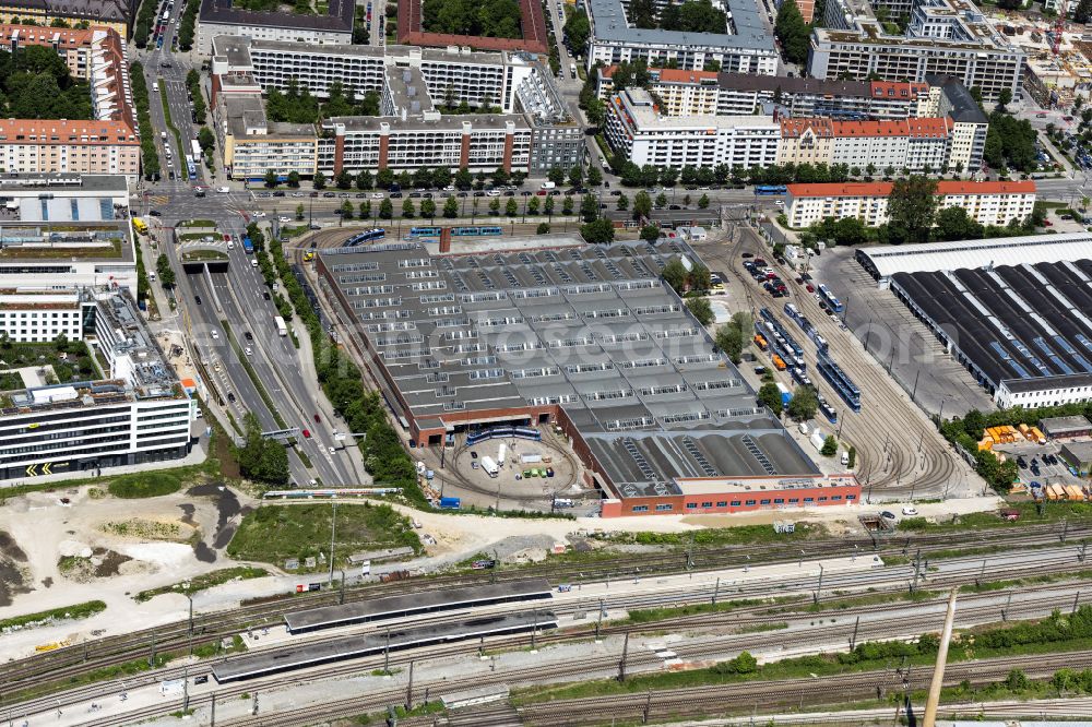 Aerial photograph München - Tram depot of the Municipal Transport Company MVG in Munich in the state Bavaria, Germany