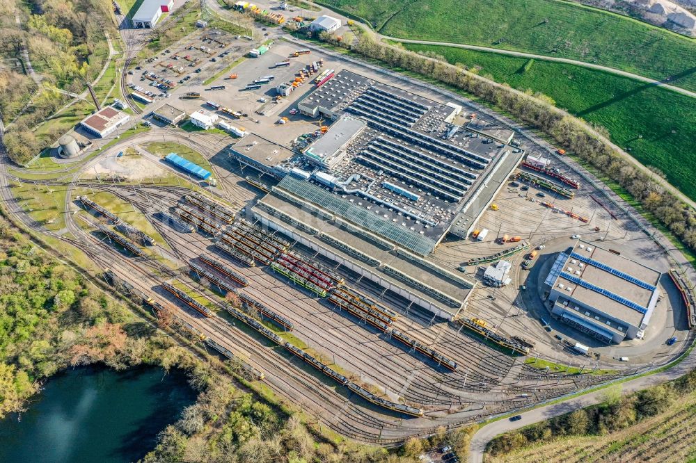 Aerial image Karlsruhe - Tram depot of the Municipal Transport Company in the district Rheinhafen in Karlsruhe in the state Baden-Wurttemberg, Germany
