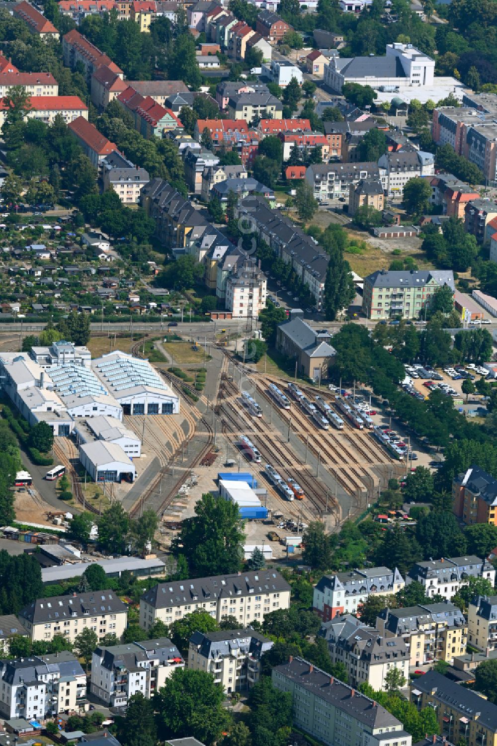 Zwickau from above - Tram depot of the Municipal Transport Company SVZ on street Schlachthofstrasse in the district Poelbitz in Zwickau in the state Saxony, Germany