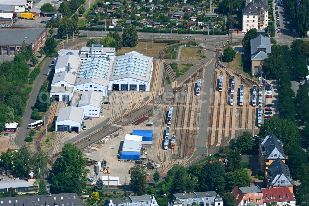 Zwickau from above - Tram depot of the Municipal Transport Company SVZ on street Schlachthofstrasse in the district Poelbitz in Zwickau in the state Saxony, Germany