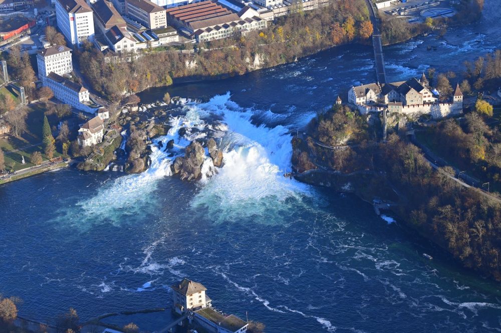 Neuhausen am Rheinfall from above - Natural spectacle of the waterfall in the rocky landscape Rheinfall in Neuhausen am Rheinfall in the canton Schaffhausen, Switzerland
