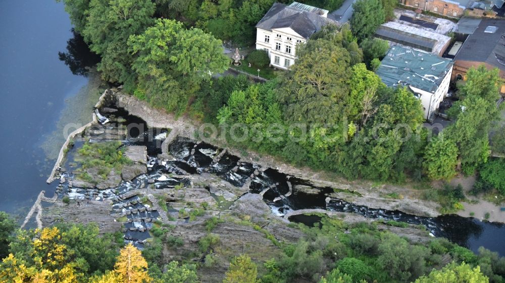 Schladern from the bird's eye view: Natural spectacle of the waterfall Siegwasserfall in Schladern in the state North Rhine-Westphalia, Germany
