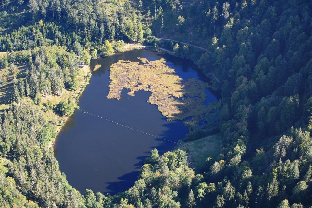 Aerial photograph Kleines Wiesental - Protected landscape in the area of the lake Nonnenmattweiher in the Black Forest in Kleines Wiesental in the state Baden-Wurttemberg. Part of the mountain lake can be used as swimming lake, the other part with floating peat island is nature protection area