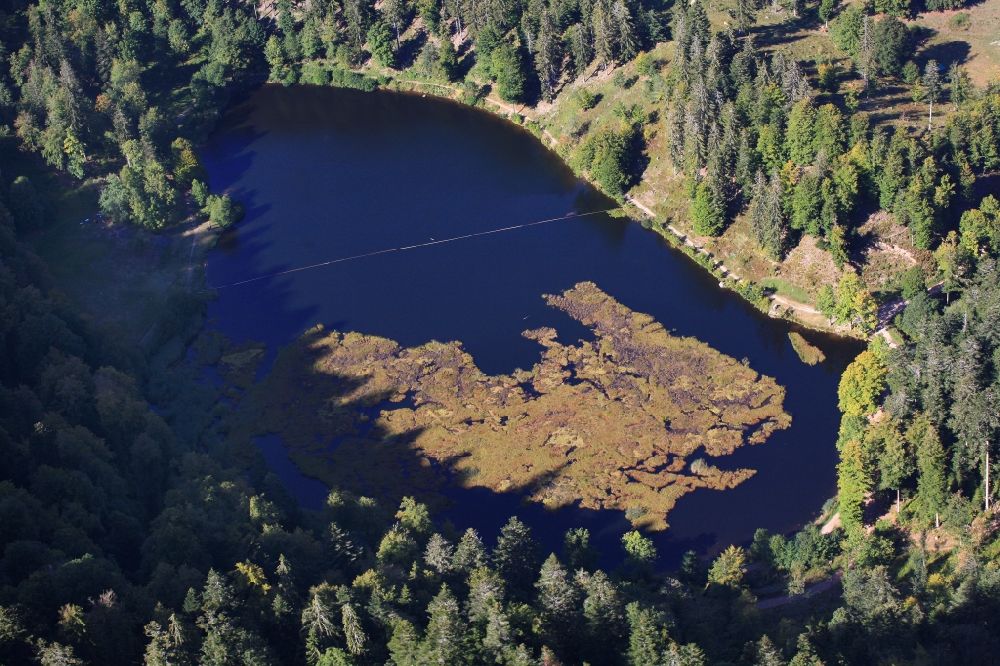 Aerial image Kleines Wiesental - Protected landscape in the area of the lake Nonnenmattweiher in the Black Forest in Kleines Wiesental in the state Baden-Wurttemberg. Part of the mountain lake can be used as swimming lake, the other part with floating peat island is nature protection area