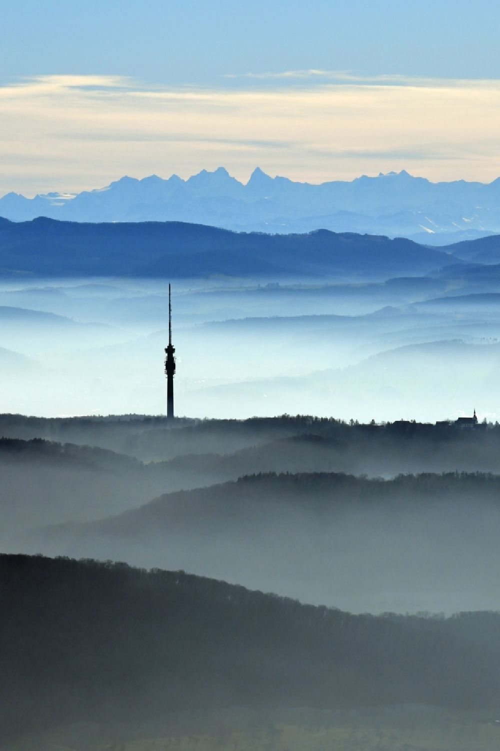 Bettingen from above - Weather with layered fog cover ueber dem Fernsehturm St. Chrischona on Hohestrasse in Bettingen in the canton Basel, Switzerland