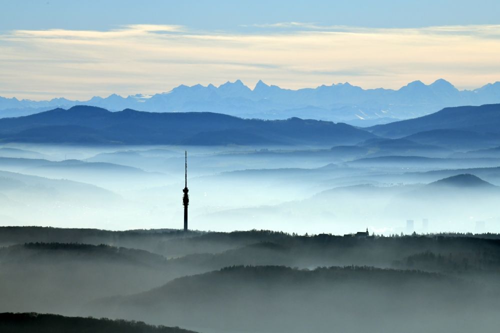 Bettingen from the bird's eye view: Weather with layered fog cover ueber dem Fernsehturm St. Chrischona on Hohestrasse in Bettingen in the canton Basel, Switzerland