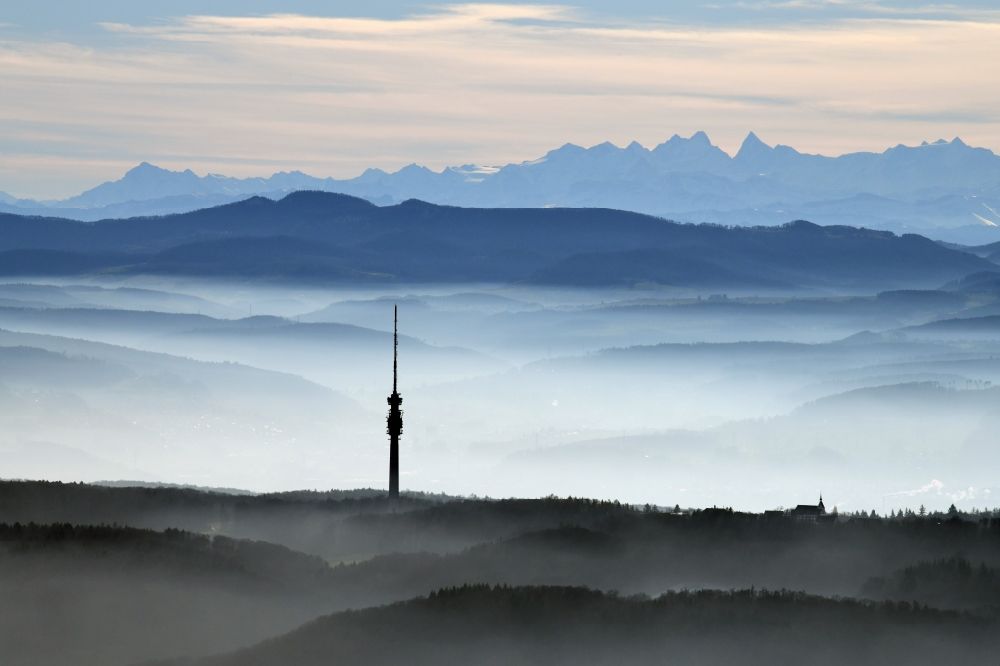 Aerial image Bettingen - Weather with layered fog cover ueber dem Fernsehturm St. Chrischona on Hohestrasse in Bettingen in the canton Basel, Switzerland
