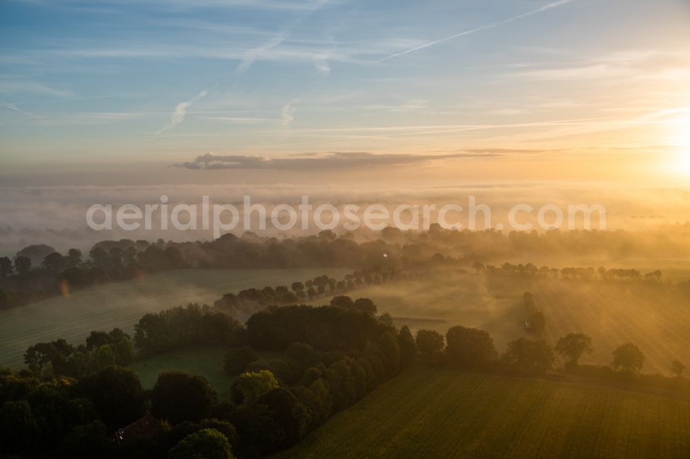 Aerial image Hohenlockstedt - Fog and haze at sunrise over agricultural fields with adjacent forest and forest areas in Hohenlockstedt in the state Schleswig-Holstein, Germany