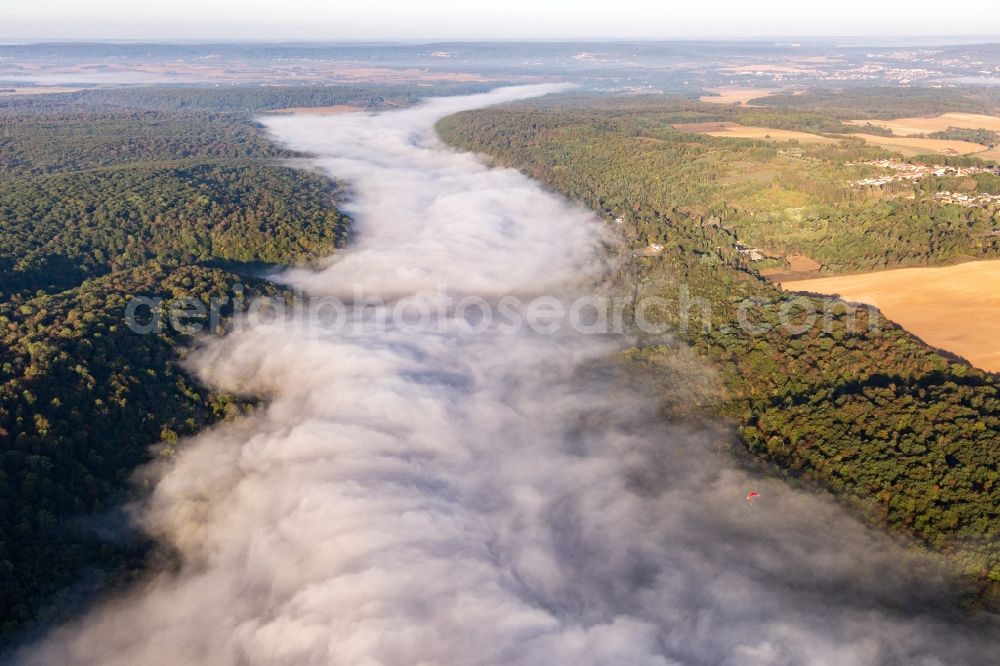 Aerial image Maron - Riparian zones with fog clouds on the course of the river of the river Mosel in Maron in Grand Est, France