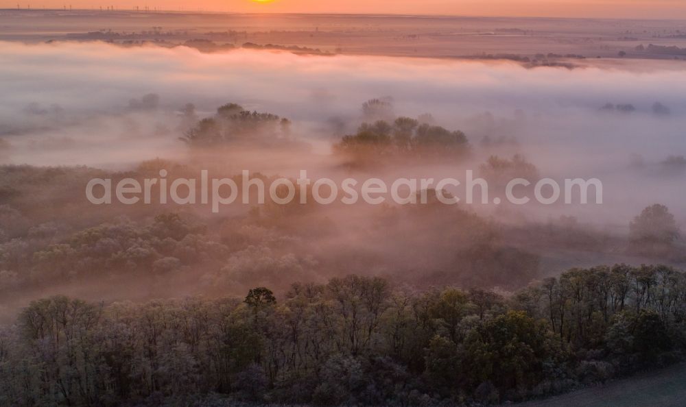 Aerial image Klessin - Weather related fog banks and cloud layer by sunset over a forest area in Klessin in the state Brandenburg, Germany