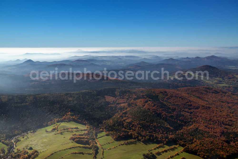 Aerial image Waltersdorf - Weather related fog banks and cloud layer over a forest area in Waltersdorf in the state Saxony, Germany