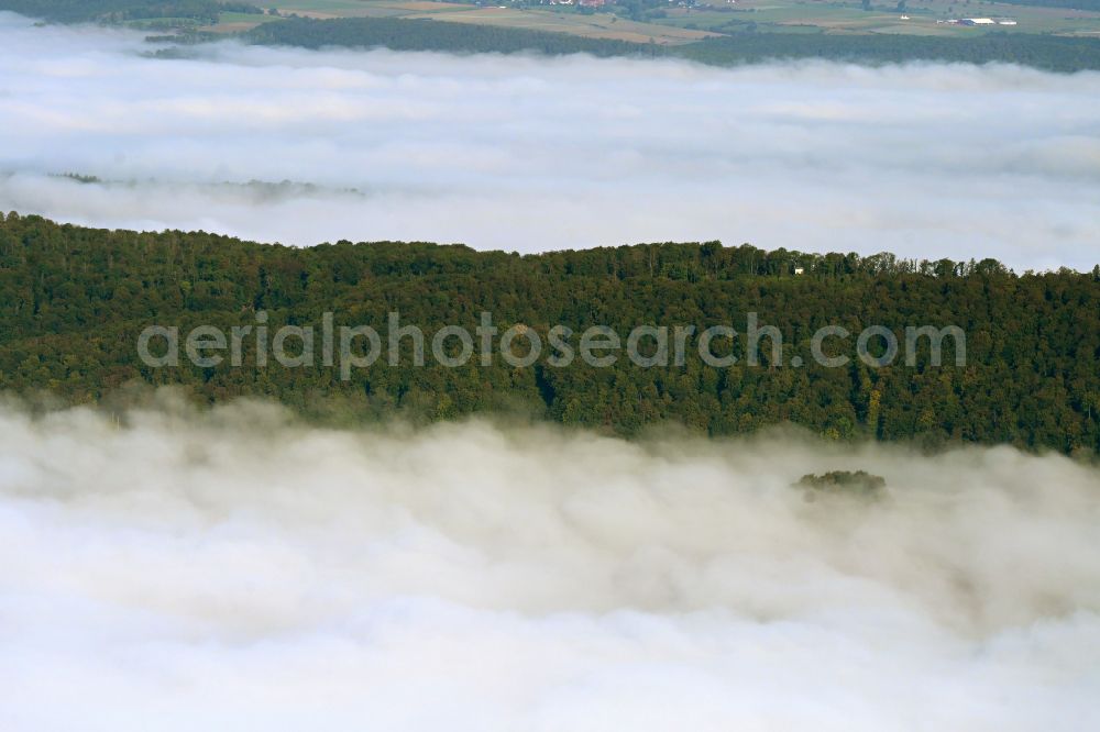 Aerial image Holzminden - Weather related fog banks and cloud layer over woodland and forest landscapes in Holzminden in the state Lower Saxony, Germany