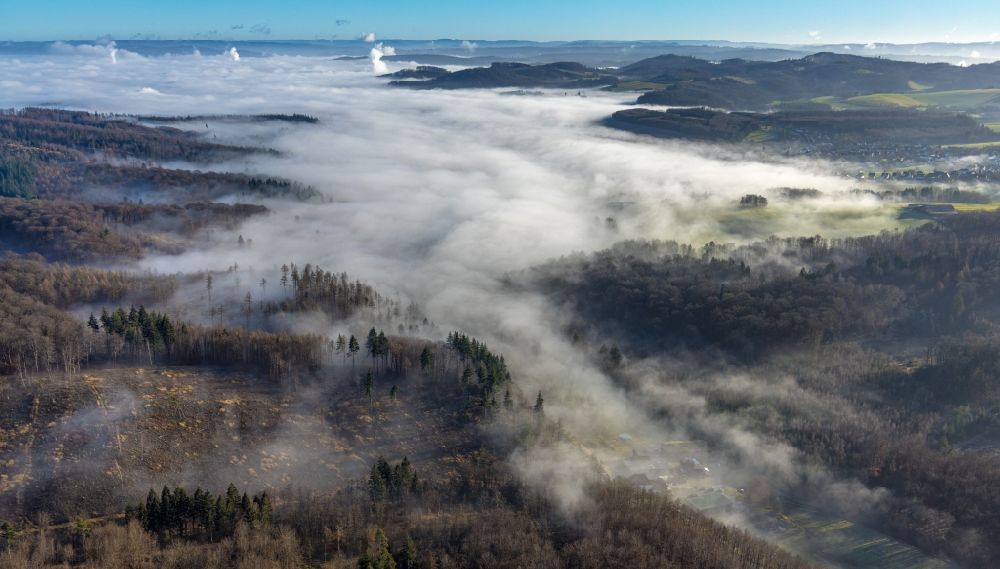 Arnsberg from the bird's eye view: Weather related fog banks and cloud layer above the forest area of the Luerwald in Arnsberg at Ruhrgebiet in the state North Rhine-Westphalia, Germany