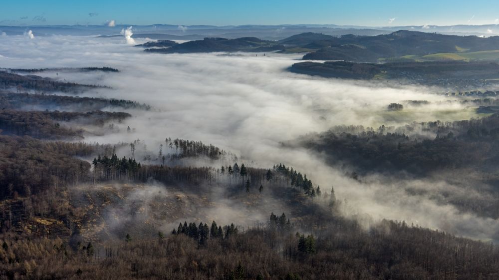Aerial photograph Arnsberg - Weather related fog banks and cloud layer above the forest area of the Luerwald in Arnsberg at Ruhrgebiet in the state North Rhine-Westphalia, Germany
