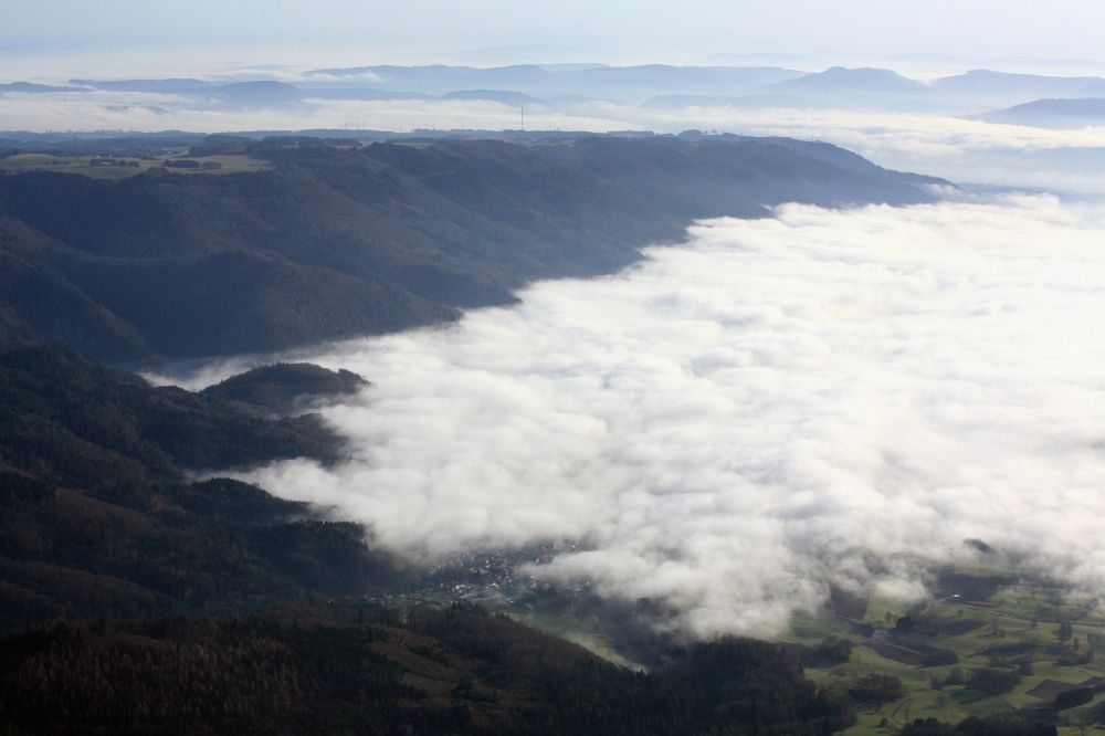 Aerial image Wehr - View over the mountains of the Hotzenwald in the Black Forest and mist over Wehr and the Upper Rhine in the Federal State of Baden-Wuerttemberg