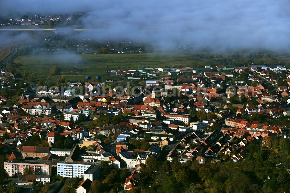 Aerial image Artern/Unstrut - High fog in the inner city area in Artern / Unstrut in the state Thuringia, Germany